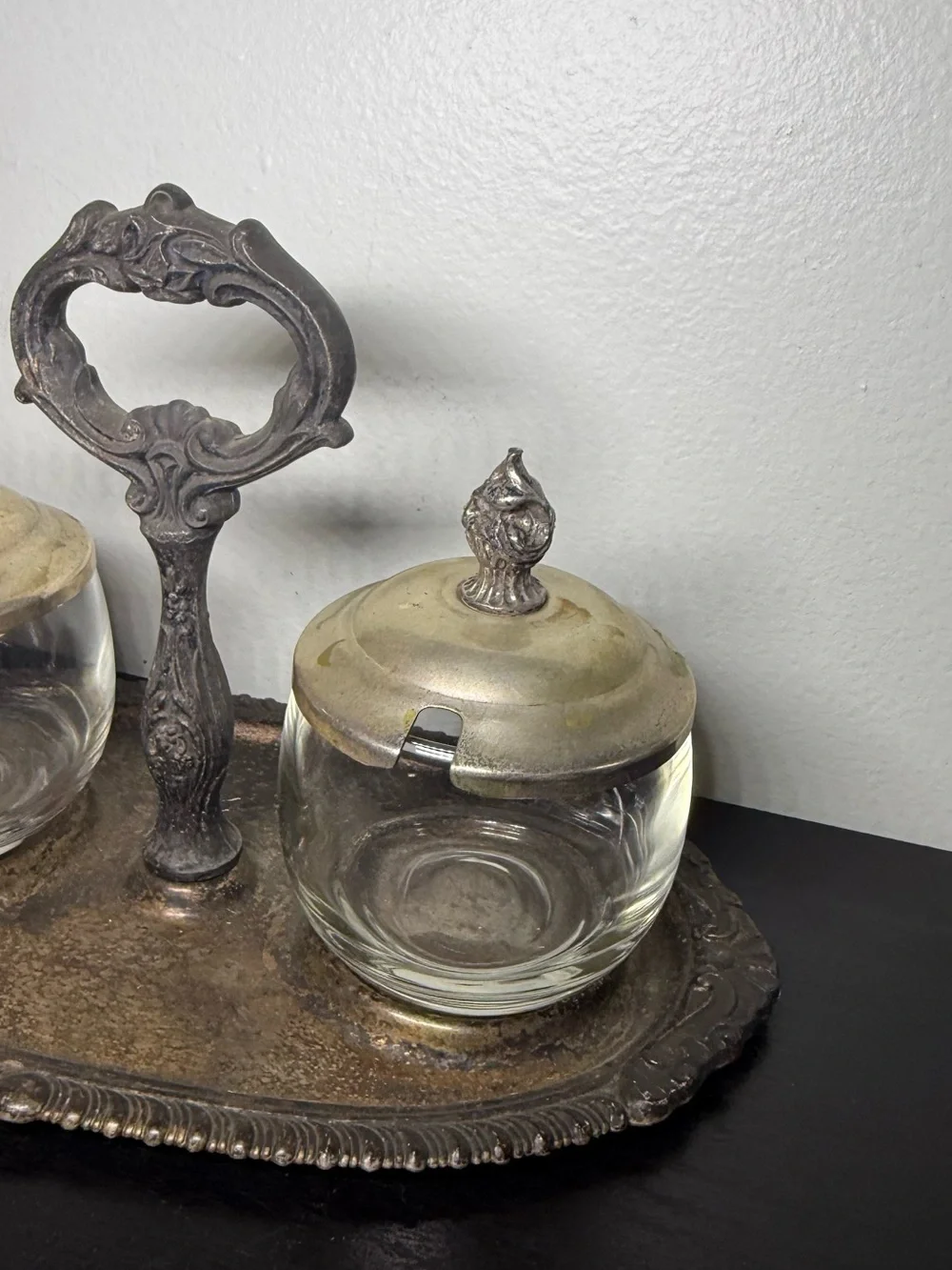 Vintage 1980s Silver Plated Glass Candy Jars & Handle